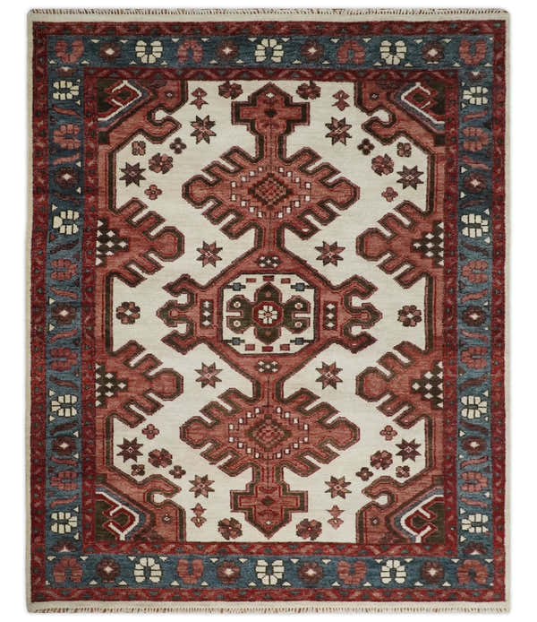 Coral Rust and Ivory Hand Knotted Traditional Heriz Serapi Multi Size Wool area Rug
