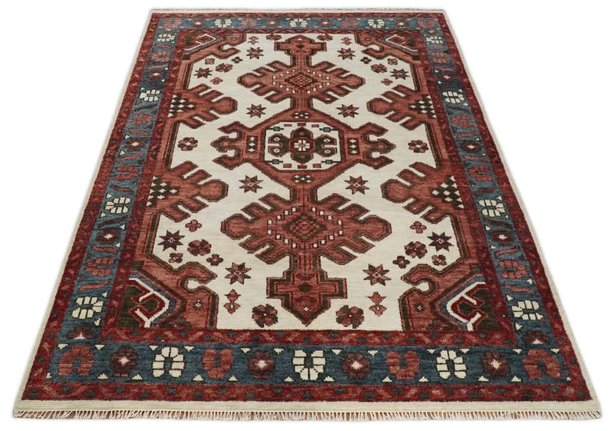 Coral Rust and Ivory Hand Knotted Traditional Heriz Serapi Multi Size Wool area Rug