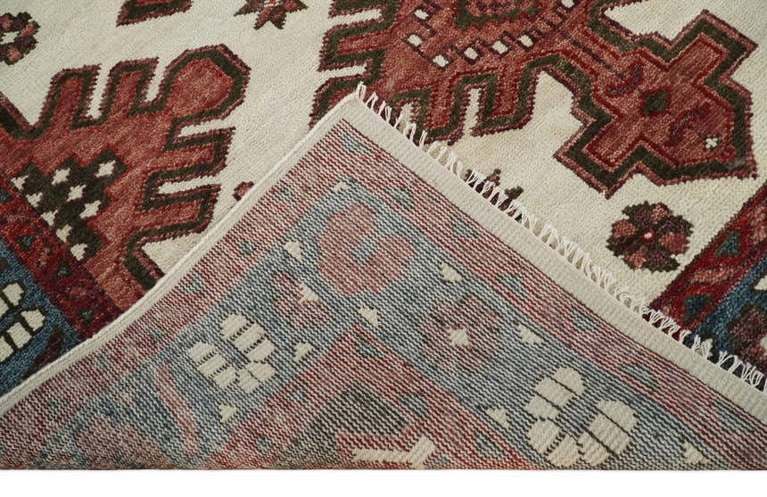 Coral Rust and Ivory Hand Knotted Traditional Heriz Serapi Multi Size Wool area Rug