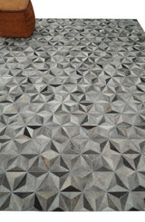Custom Made Cowhide Leather Patchwork Silver and Gray Leather Modern Geometric Rug