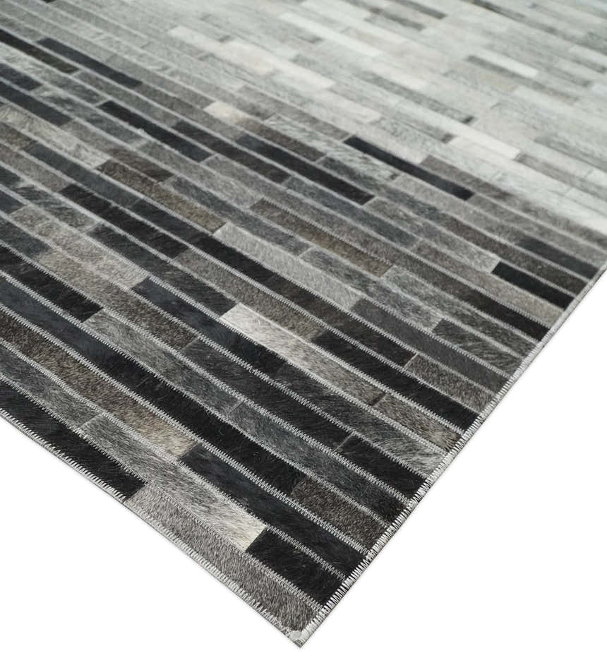 Custom Made Cowhide Leather Striped Gray and Silver Leather Rug, Modern Rug