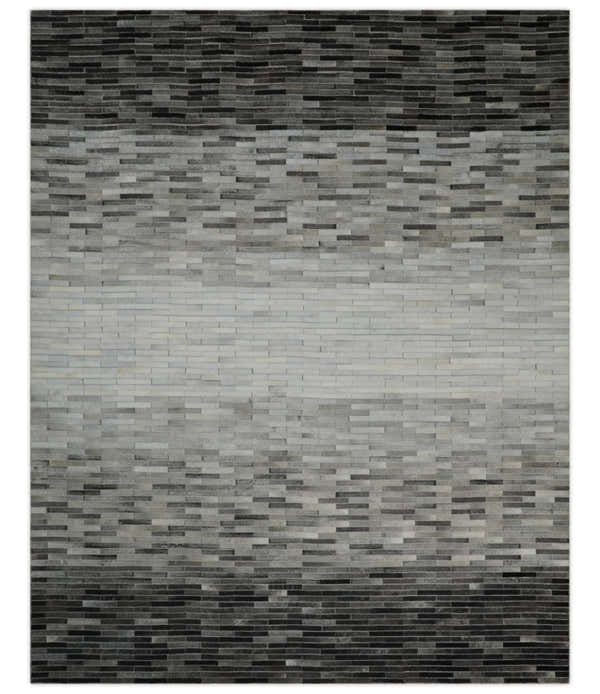 Custom Made Cowhide Leather Striped Gray and Silver Leather Rug, Modern Rug