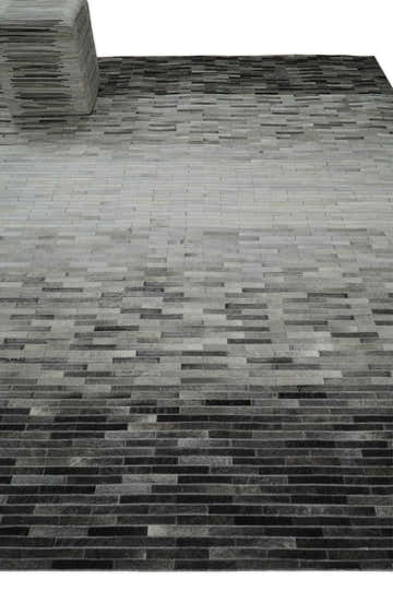 Custom Made Cowhide Leather Striped Gray and Silver Leather Rug, Modern Rug