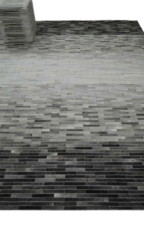 Custom Made Cowhide Leather Striped Gray and Silver Leather Rug, Modern Rug