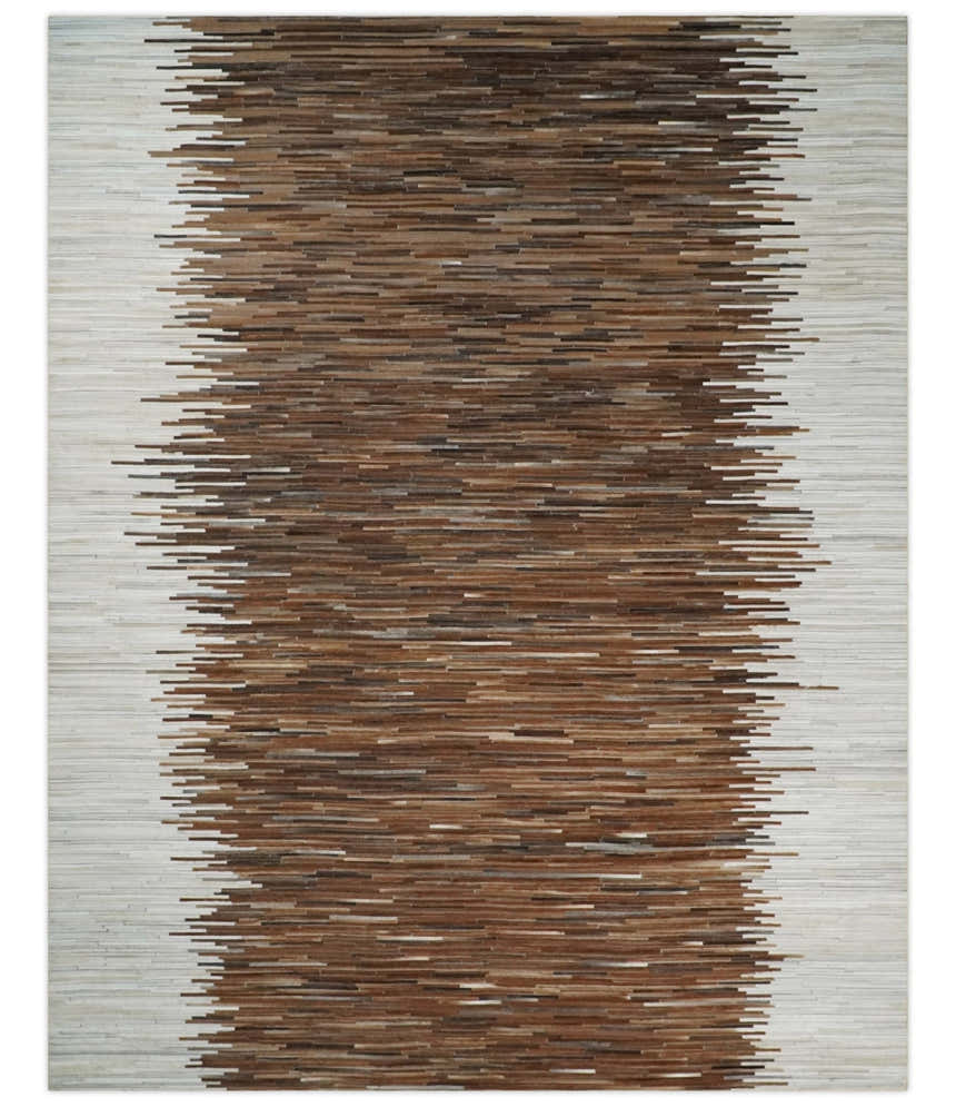 Modern Stripes Cowhide Leather Striped Tan Brown and Ivory Leather Multi Size Area Rug