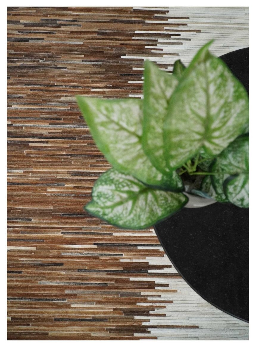 Modern Stripes Cowhide Leather Striped Tan Brown and Ivory Leather Multi Size Area Rug