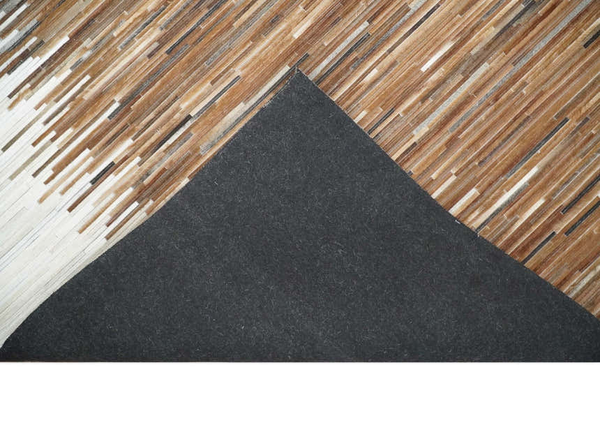Modern Stripes Cowhide Leather Striped Tan Brown and Ivory Leather Multi Size Area Rug