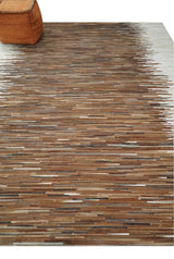 Modern Stripes Cowhide Leather Striped Tan Brown and Ivory Leather Multi Size Area Rug