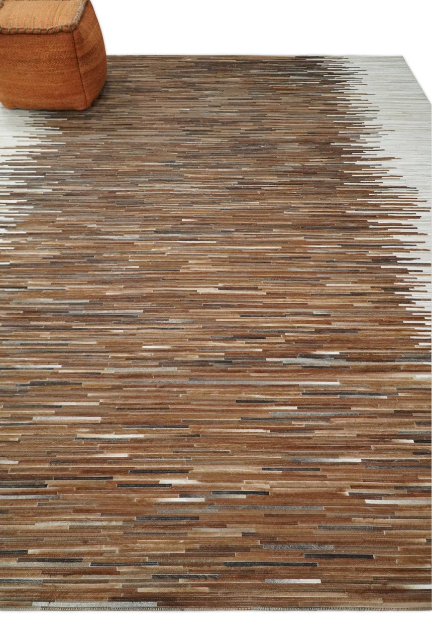 Modern Stripes Cowhide Leather Striped Tan Brown and Ivory Leather Multi Size Area Rug