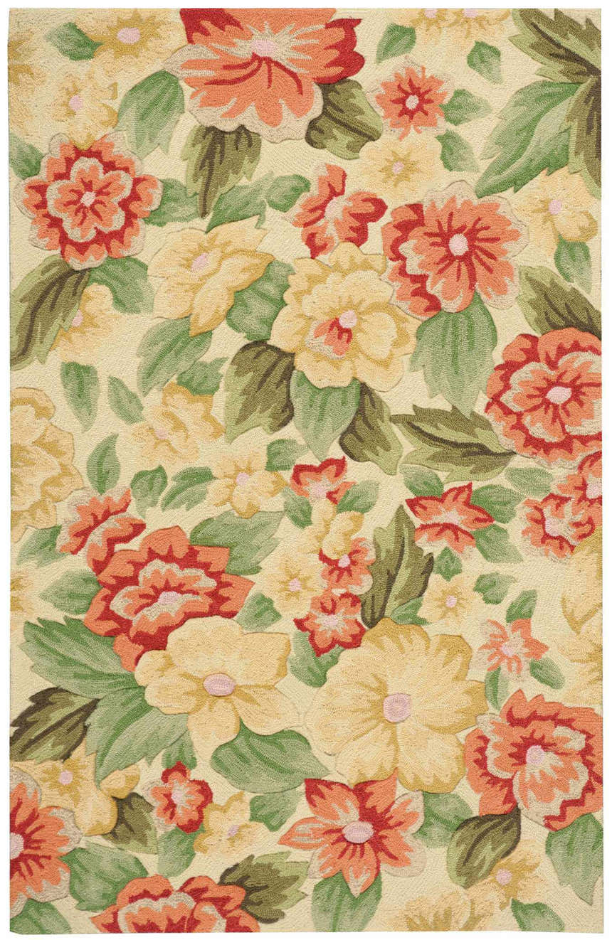 Close-up of the Nourison Fantasy Cream rug. Features a traditional floral pattern with cream, yellow, coral, and green colors.