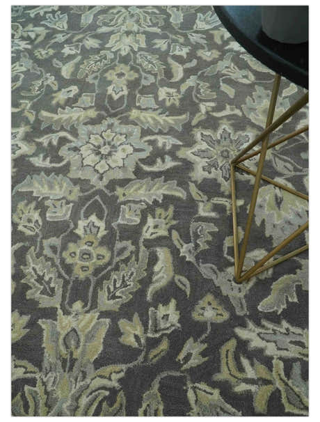 Custom Made Antique Design Charcoal and Beige Traditional Floral Hand Tufted rug