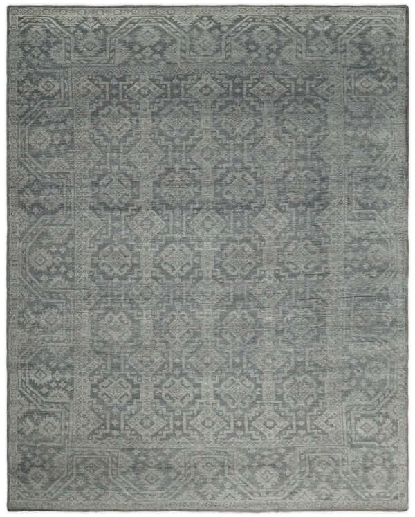 Custom Made Antique Finish Hand knotted Silver and Charcoal Wool Area Rug, Kids, Living Room and Bedroom Rug