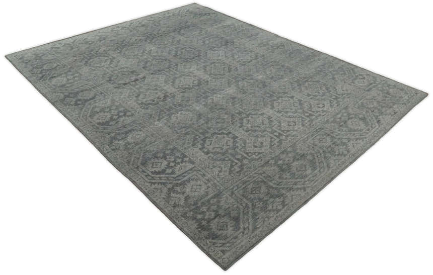 Custom Made Antique Finish Hand knotted Silver and Charcoal Wool Area Rug, Kids, Living Room and Bedroom Rug