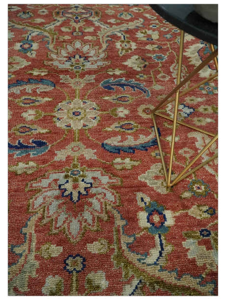 Custom Made Antique Floral Style Rust, Teal, Ivory and Olive Hand Knotted Oriental Oushak Wool Area Rug