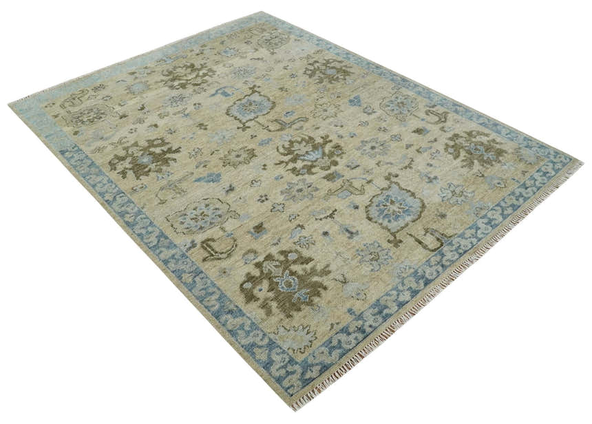 Custom Made Antique Style Beige and Blue Hand knotted Oushak wool Area Rug