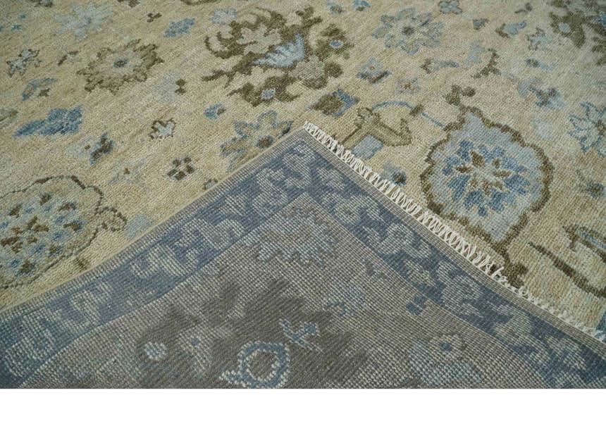 Custom Made Antique Style Beige and Blue Hand knotted Oushak wool Area Rug