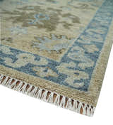 Custom Made Antique Style Beige and Blue Hand knotted Oushak wool Area Rug