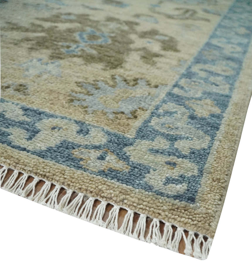 Custom Made Antique Style Beige and Blue Hand knotted Oushak wool Area Rug