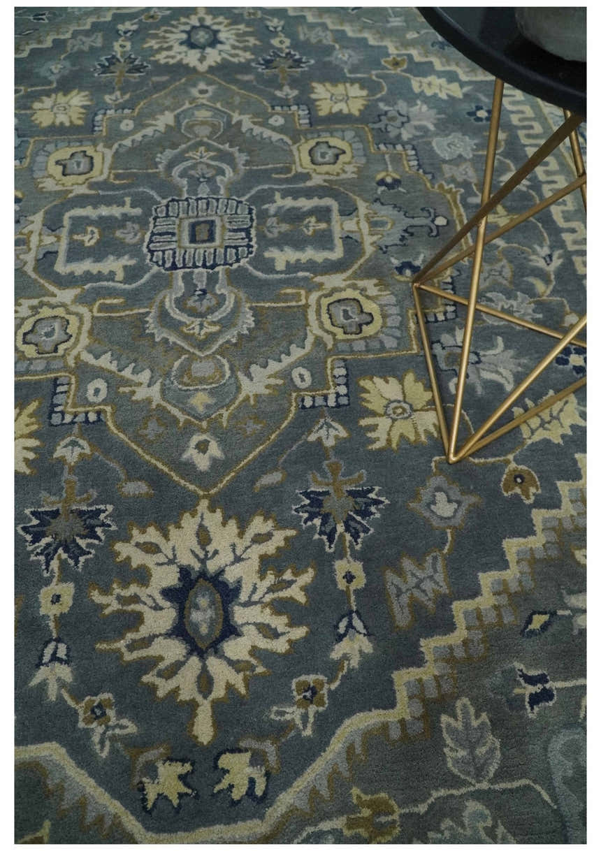 Custom Made Antique Style Gray, Blue and Beige Hand Tufted Traditional wool Area Rug