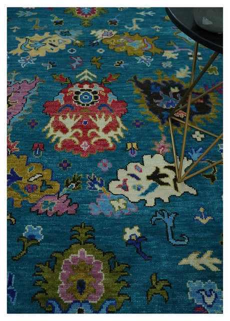 Custom Made Antique Style Hand Knotted Teal and Purple Traditional Oushak Multi Size Wool Rug