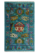 Custom Made Antique Style Hand Knotted Teal and Purple Traditional Oushak Multi Size Wool Rug