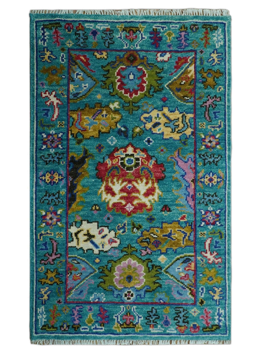 Custom Made Antique Style Hand Knotted Teal and Purple Traditional Oushak Multi Size Wool Rug