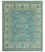 Custom Made Aqua and Beige Hand Knotted Traditional Wool Rug
