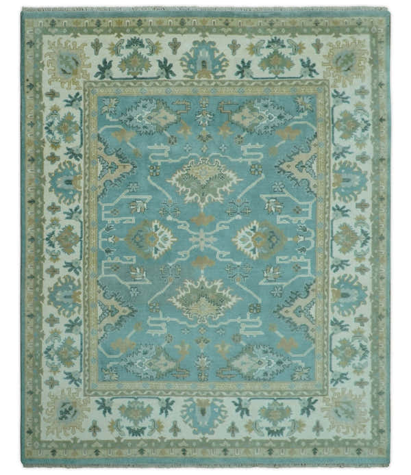 Custom Made Aqua and Beige Hand Knotted Traditional Wool Rug