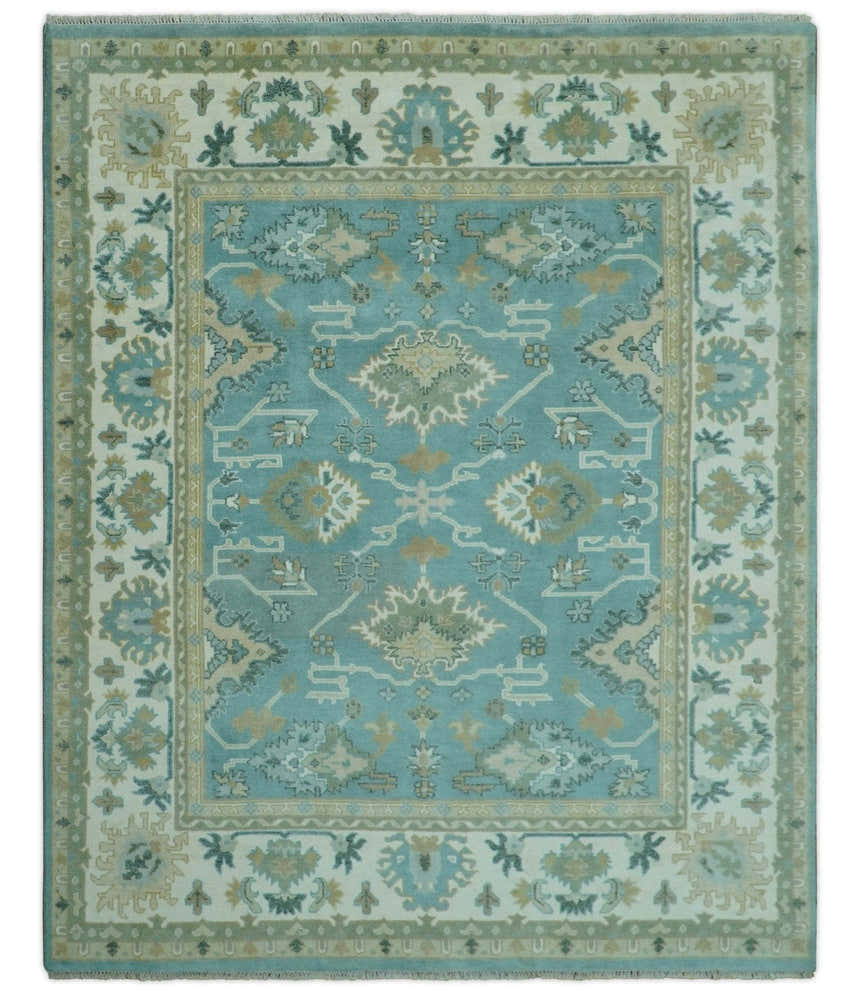Custom Made Aqua and Beige Hand Knotted Traditional Wool Rug