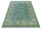 Custom Made Aqua and Beige Hand Knotted Traditional Wool Rug