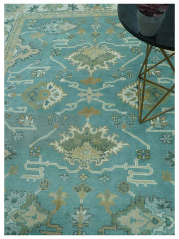 Custom Made Aqua and Beige Hand Knotted Traditional Wool Rug
