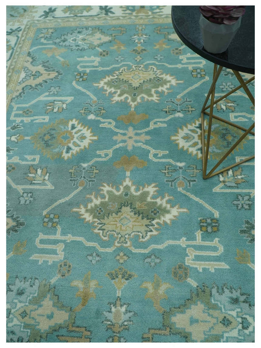 Custom Made Aqua and Beige Hand Knotted Traditional Wool Rug