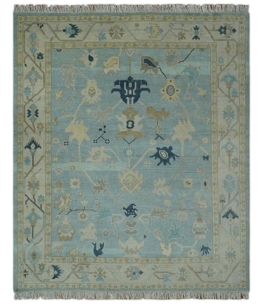 Custom Made Aqua, Ivory and Beige Hand knotted Oriental Oushak wool Area Rug