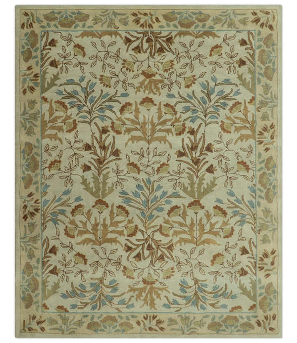 Custom Made Beige And Brown Traditional Floral Design Hand Tufted Wool Area Rug