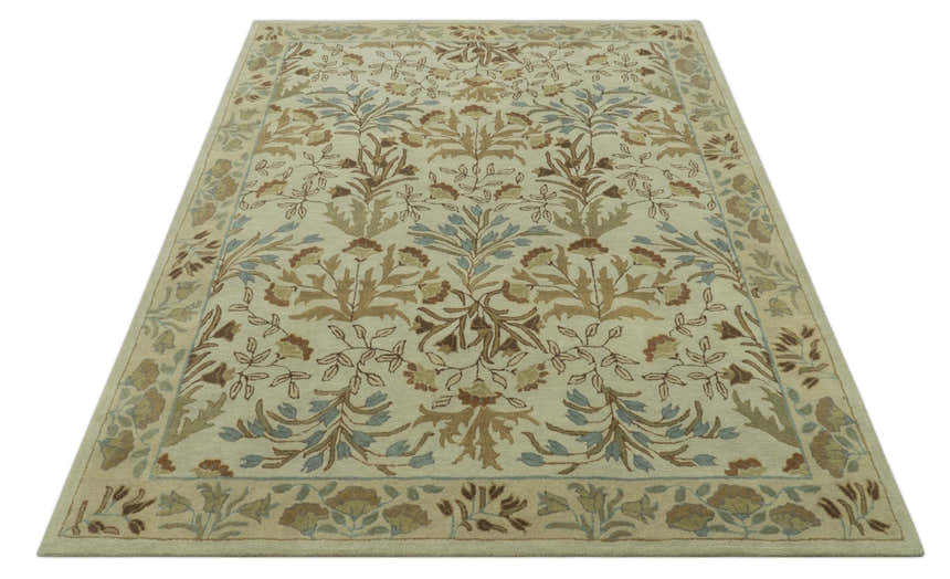 Custom Made Beige And Brown Traditional Floral Design Hand Tufted Wool Area Rug