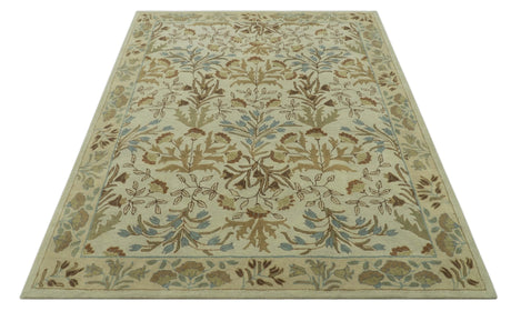 Custom Made Beige And Brown Traditional Floral Design Hand Tufted Wool Area Rug