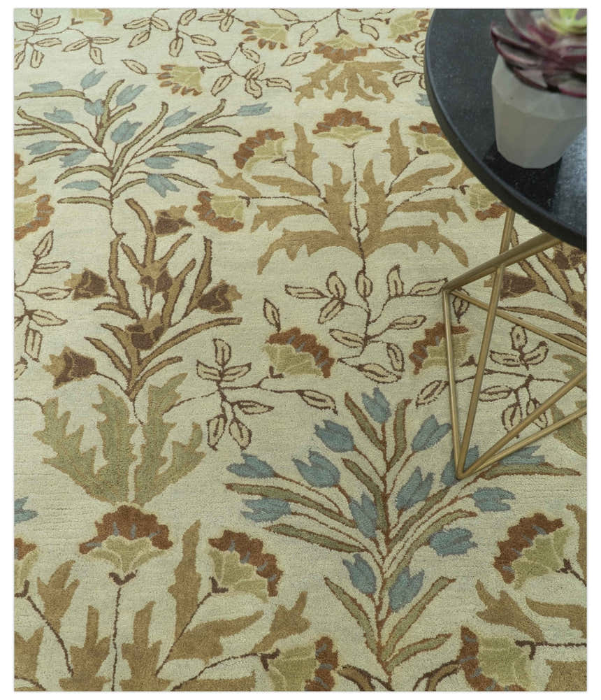 Custom Made Beige And Brown Traditional Floral Design Hand Tufted Wool Area Rug