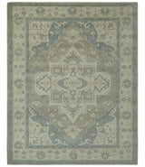 Custom Made Beige and Charcoal Traditional Heriz Medallion Hand Knotted wool Area Rug