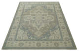 Custom Made Beige and Charcoal Traditional Heriz Medallion Hand Knotted wool Area Rug
