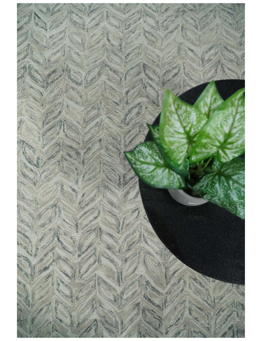 Custom Made Beige and Gray Leaf's Hand Tufted Modern Scandinavian Wool Loop Rug