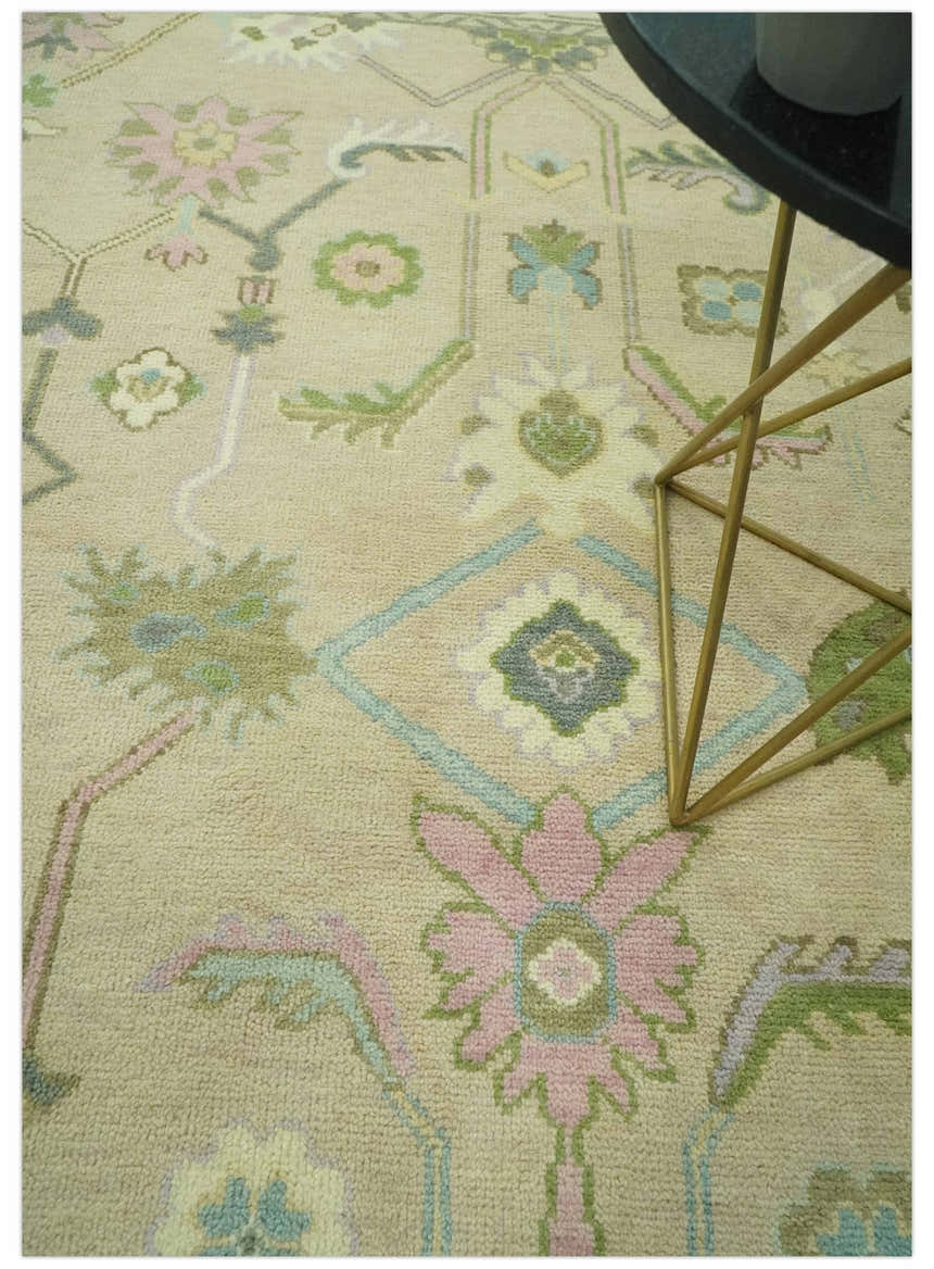 Custom Made Beige and Green Hand Knotted Traditional Oriental Oushak wool area rug