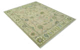 Custom Made Beige and Green Hand Knotted Traditional Oriental Oushak wool area rug