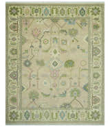 Custom Made Beige and Green Hand Knotted Traditional Oriental Oushak wool area rug