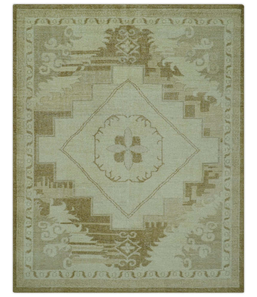 Custom Made Beige and Olive Hand Knotted Traditional wool area rug