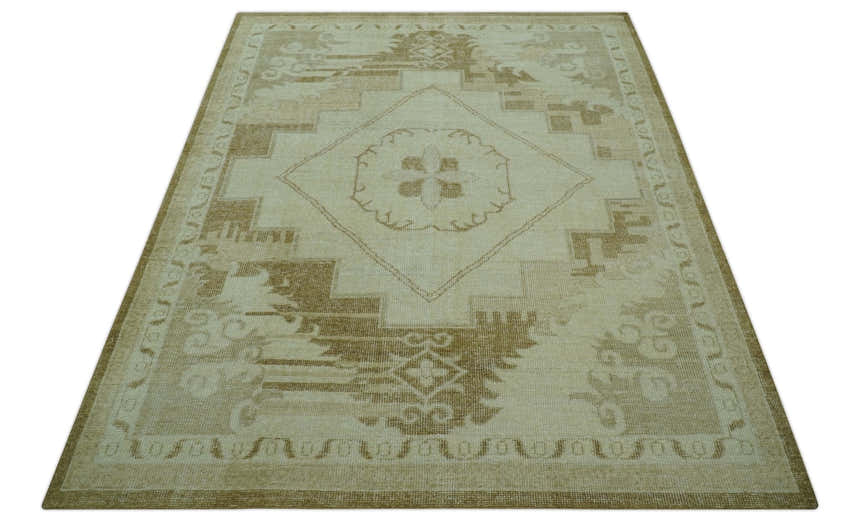 Custom Made Beige and Olive Hand Knotted Traditional wool area rug