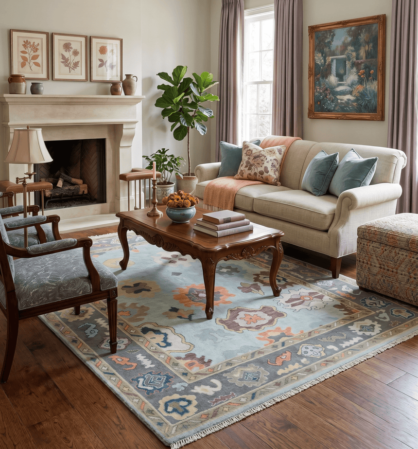 Custom Made Blue and Gray Hand Knotted Traditional Oushak Wool Area Rug