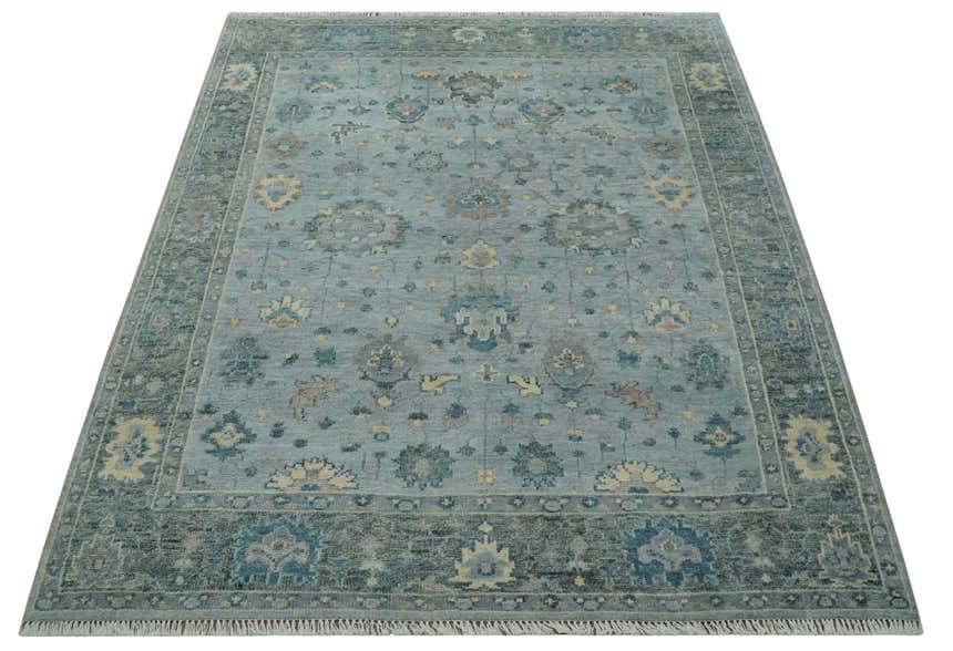 Custom Made Blue and Green Hand knotted traditional Oushak wool Area Rug