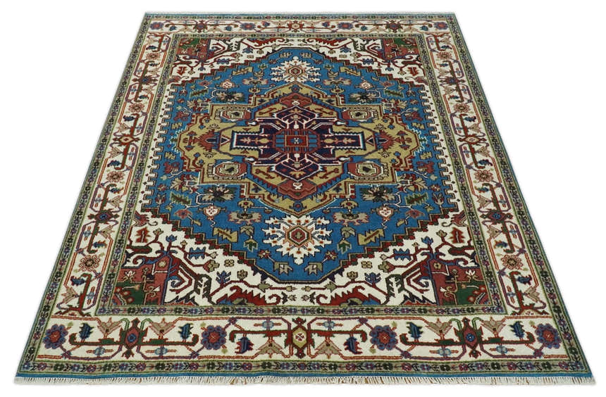 Custom Made Blue and Ivory Medallion Hand knotted Traditional wool Area Rug