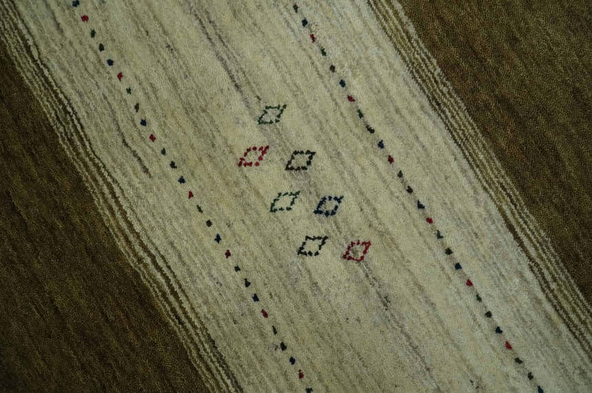 Custom Made Brown and Ivory Geometrical Stripes Design wool Area Rug