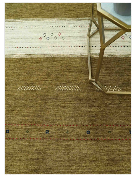 Custom Made Brown and Ivory Geometrical Stripes Design wool Area Rug